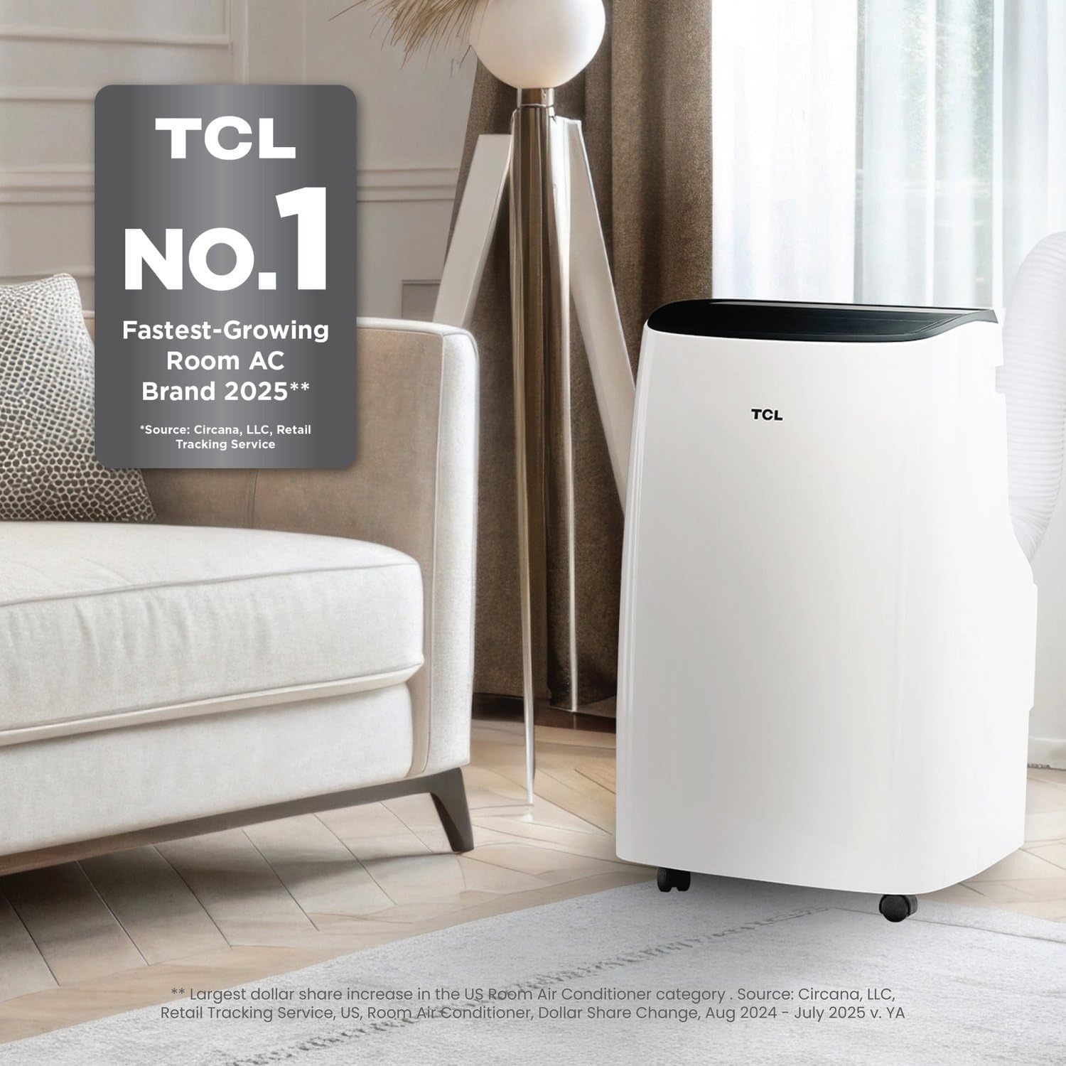 TCL ASHRAE 12,000 BTU Portable Air Conditioner, cooling for rooms up to 33 sqm, dehumidifier and fan modes, remote control, LED display