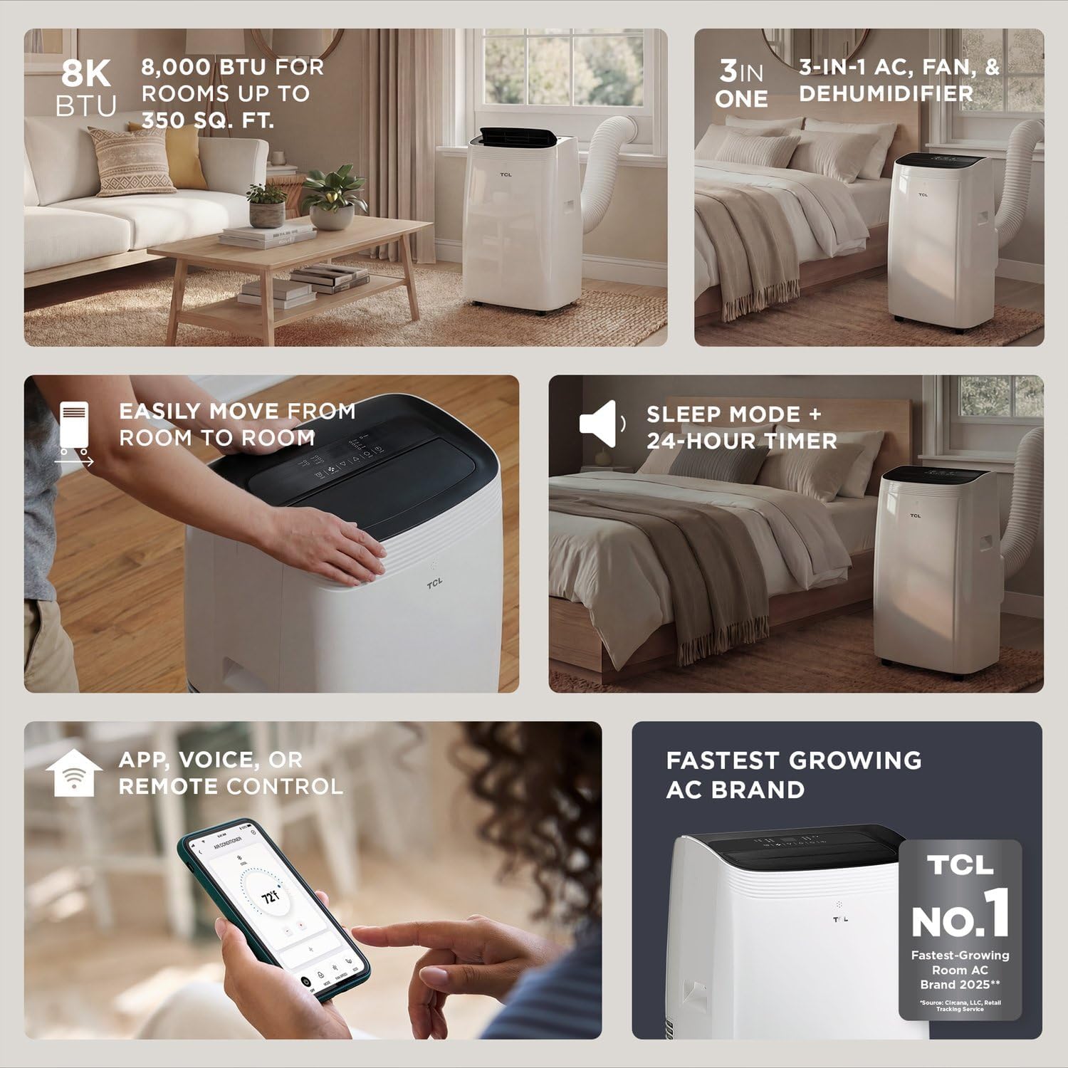 TCL ASHRAE 12,000 BTU Portable Air Conditioner, cooling for rooms up to 33 sqm, dehumidifier and fan modes, remote control, LED display